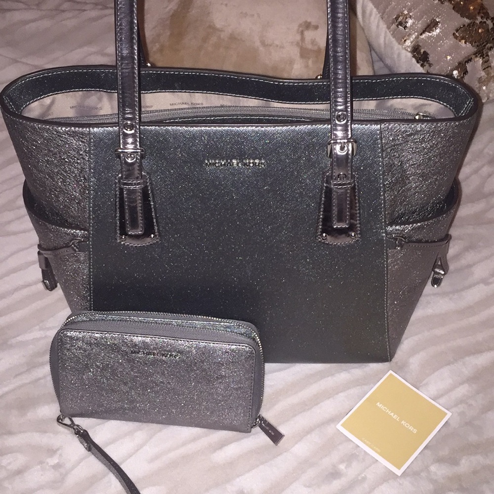Metallic Grey Michael Kors Voyager Purse Set